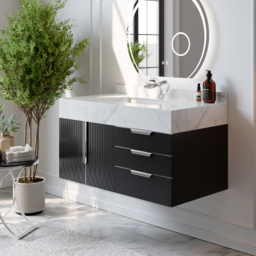 Aro 900mm Black Wall Mounted Bathroom Vanity Drawers Faux Marble Top - thumbnail 3