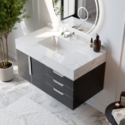 Aro 900mm Black Wall Mounted Bathroom Vanity Drawers Faux Marble Top - thumbnail 2