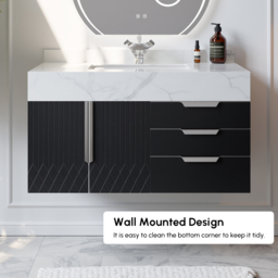 Aro 900mm Black Wall Mounted Bathroom Vanity Drawers Faux Marble Top - thumbnail 9