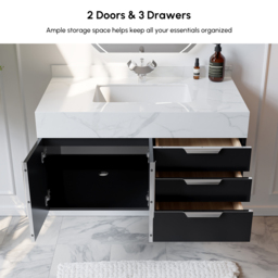 Aro 900mm Black Wall Mounted Bathroom Vanity Drawers Faux Marble Top - thumbnail 4