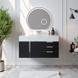 Aro 90 cm Black Wall Mounted Bathroom Vanity Drawers Faux Marble Top