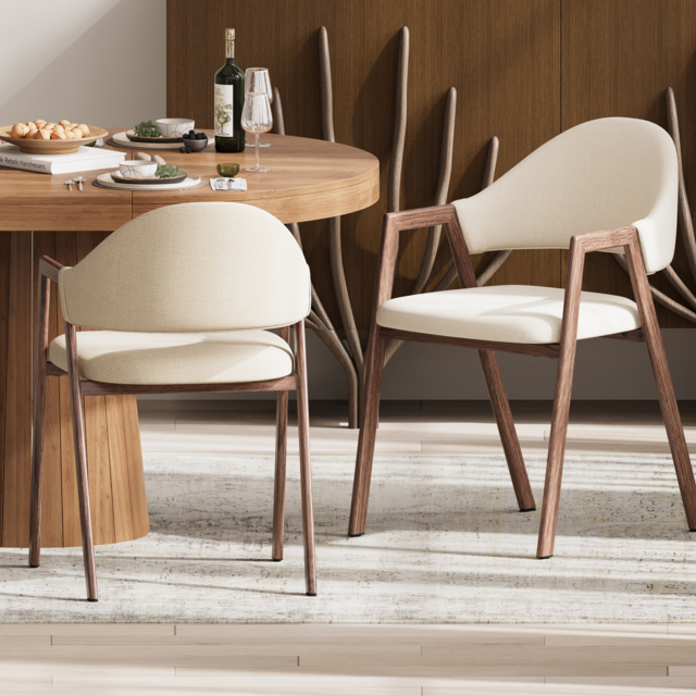 Set of 8 Linen Dining Chair Upholstered Curved Back Modern Warm White Dining Room Chairs - image 1