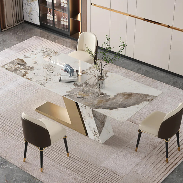 Luxotic 1800mm Modern Stone Top Dining Table with 6 Chairs in Gold - image 1