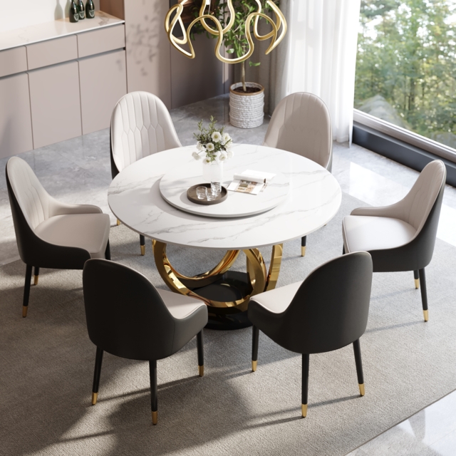 7 Piece Dining Room Set 1500mm Sintered Stone Top Round Dining Table White&Grey 6 Chairs - image 1