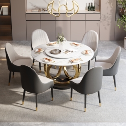 7 Piece Dining Room Set 1500mm Sintered Stone Top Round Dining Table White&Grey 6 Chairs - thumbnail 2