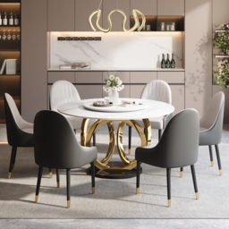 7 Piece Dining Room Set 1500mm Sintered Stone Top Round Dining Table White&Grey 6 Chairs - thumbnail 4