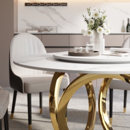 7 Piece Dining Room Set 1500mm Sintered Stone Top Round Dining Table White&Grey 6 Chairs - thumbnail 5