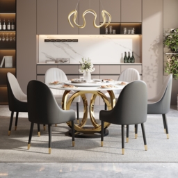 7 Piece Dining Room Set 1500mm Sintered Stone Top Round Dining Table White&Grey 6 Chairs - thumbnail 3