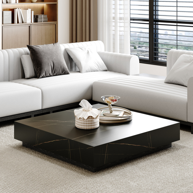 1000mm Square Sintered Stone Block Coffee Table With Wood Base - image 1