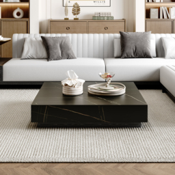 1000mm Square Sintered Stone Block Coffee Table With Wood Base - thumbnail 2