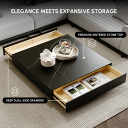 1000mm Square Sintered Stone Block Coffee Table With Wood Base - thumbnail 7