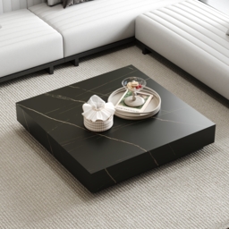 1000mm Square Sintered Stone Block Coffee Table With Wood Base - thumbnail 3