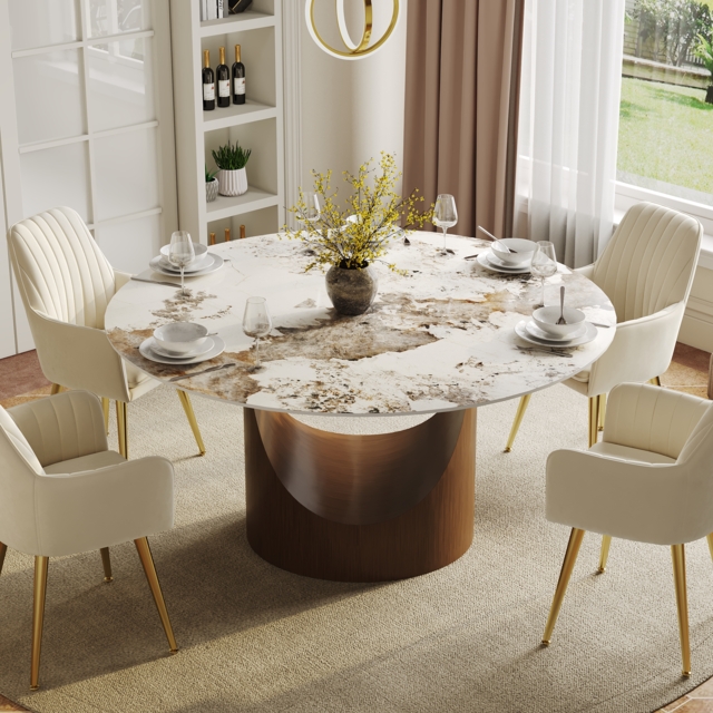 "47"" Pandora Glossy Faux Marble Dining Table Round with Stainless Base for 6 People"