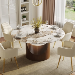 "47"" Pandora Glossy Faux Marble Dining Table Round with Stainless Base for 6 People"