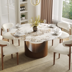 "47"" Pandora Glossy Faux Marble Dining Table Round with Stainless Base for 6 People" - thumbnail 2