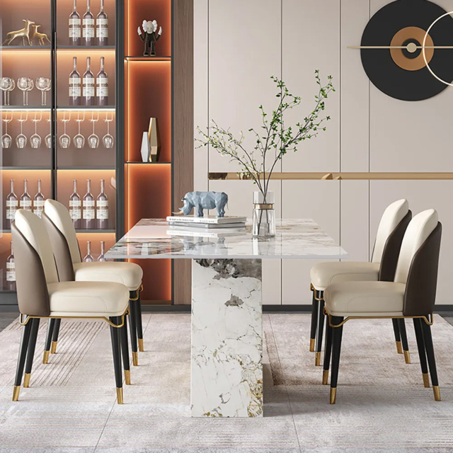 "Modern 79"" Rectangle Faux Marble Dining Table with 8 Chairs in Gold" - image 1