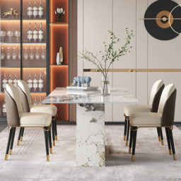 "Modern 79"" Rectangle Faux Marble Dining Table with 8 Chairs in Gold"