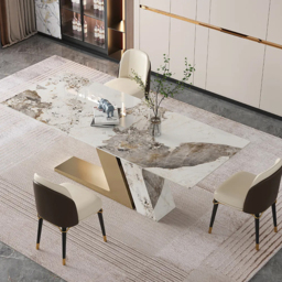 "Modern 79"" Rectangle Faux Marble Dining Table with 8 Chairs in Gold" - thumbnail 2