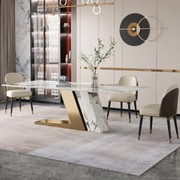 "Modern 79"" Rectangle Faux Marble Dining Table with 8 Chairs in Gold" - thumbnail 4