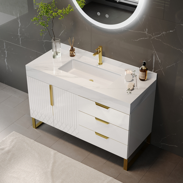 90 cm Bathroom Vanity Freestanding Cultured Marble Top with Single Sink & Drawers White - image 1