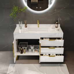 90 cm Bathroom Vanity Freestanding Cultured Marble Top with Single Sink & Drawers White - thumbnail 6