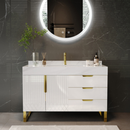 90 cm Bathroom Vanity Freestanding Cultured Marble Top with Single Sink & Drawers White - thumbnail 2