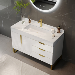 90 cm Bathroom Vanity Freestanding Cultured Marble Top with Single Sink & Drawers White - thumbnail 1