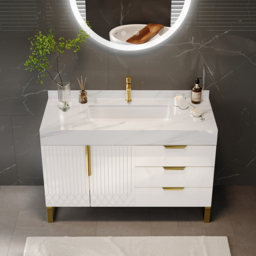 90 cm Bathroom Vanity Freestanding Cultured Marble Top with Single Sink & Drawers White - thumbnail 5