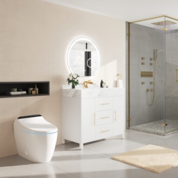 1000mm Freestanding White Bathroom Vanity, Sintered Stone Countertop & Gold Handles - thumbnail 3