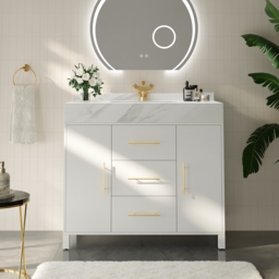 1000mm Freestanding White Bathroom Vanity, Sintered Stone Countertop & Gold Handles - thumbnail 2