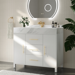 100 cm Freestanding White Bathroom Vanity, Sintered Stone Countertop & Gold Handles