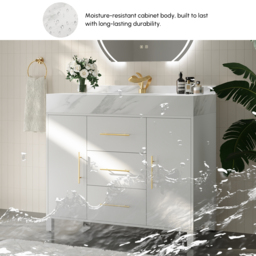 1000mm Freestanding White Bathroom Vanity, Sintered Stone Countertop & Gold Handles - thumbnail 5