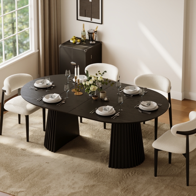 119 - 200 cm Extendable Round-to-Oval Wooden Dining Table with Fluted Base, Seats 4-6 - image 1