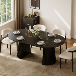 119 - 200 cm Extendable Round-to-Oval Wooden Dining Table with Fluted Base, Seats 4-6 - thumbnail 1