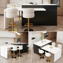 205 - 284 cm Modern Extendable White Marble Pattern Kitchen Island with Doors and Drawers - thumbnail 7