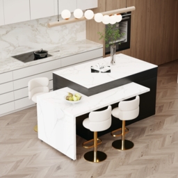 205 - 284 cm Modern Extendable White Marble Pattern Kitchen Island with Doors and Drawers - thumbnail 4