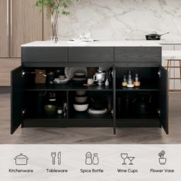 205 - 284 cm Modern Extendable White Marble Pattern Kitchen Island with Doors and Drawers - thumbnail 8