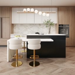 205 - 284 cm Modern Extendable White Marble Pattern Kitchen Island with Doors and Drawers - thumbnail 2