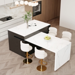 205 - 284 cm Modern Extendable White Marble Pattern Kitchen Island with Doors and Drawers - thumbnail 5