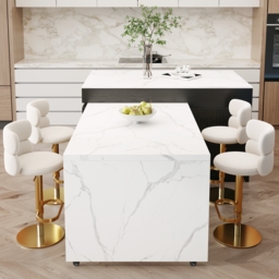 205 - 284 cm Modern Extendable White Marble Pattern Kitchen Island with Doors and Drawers - thumbnail 6