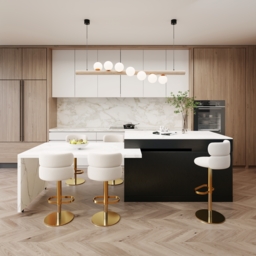 205 - 284 cm Modern Extendable White Marble Pattern Kitchen Island with Doors and Drawers - thumbnail 1