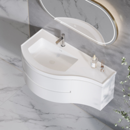 90 cm Floating Curved Bathroom Vanity Half-Circle Bathroom Cabinet White - thumbnail 1