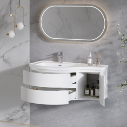 90 cm Floating Curved Bathroom Vanity Half-Circle Bathroom Cabinet White - thumbnail 8