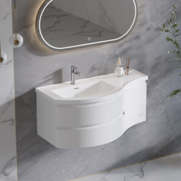 90 cm Floating Curved Bathroom Vanity Half-Circle Bathroom Cabinet White - thumbnail 6