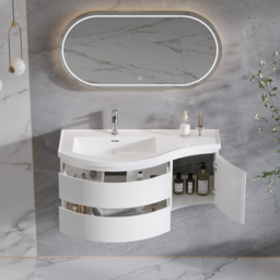 90 cm Floating Curved Bathroom Vanity Half-Circle Bathroom Cabinet White - thumbnail 5