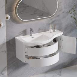 90 cm Floating Curved Bathroom Vanity Half-Circle Bathroom Cabinet White - thumbnail 7