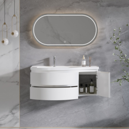 90 cm Floating Curved Bathroom Vanity Half-Circle Bathroom Cabinet White - thumbnail 4