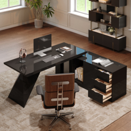 L Shaped Large Executive Office Desk with Drawers & Cabinet Black Office Furniture Right Hand (180 cm) - thumbnail 5