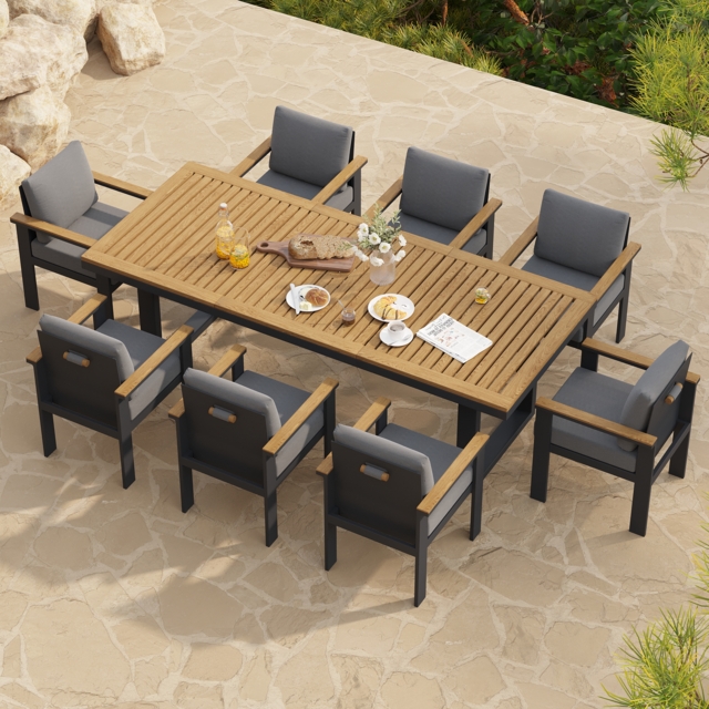 Rectangle Teak Wood & Aluminum Outdoor Patio Dining Table Modern Yard & Patio Furniture for 6 - 8 Person Teak & Aluminum Outdoor Dining Chair - image 1