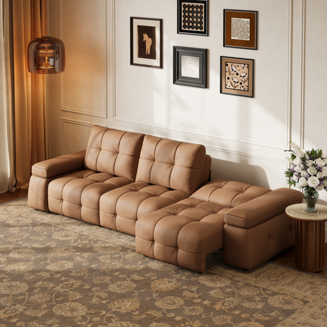 "130"" 3-Seater Genuine Leather Power Convertible Sleeper Sofa with adjustable armrests" - image 1